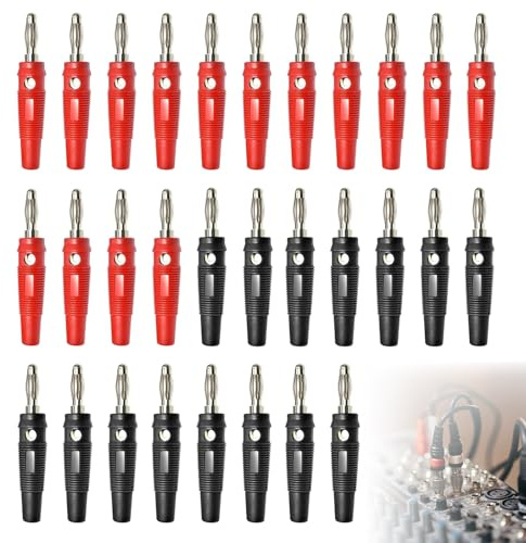 30 Stück Bananenstecker 4mm, Bananenstecker Lautsprecher Sehr Langlebig, Bananenstecker 4mm Breites Anwendungsspektrum, Banana Plug Für Kabel Boxen Endstufen Receiver Stereoanlagen (Schwarz + Rot)