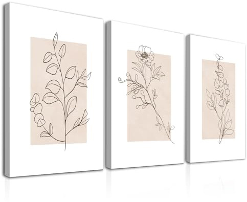 Dazzlewall Beige Botanische Leinwand Bilder Abstrakte Minimalistische Blumen Wandbilder für Schlafzimmer Wohnzimmer Dekor 30x40 cm Mit Rahmen 3er Set