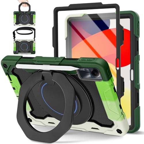 ROISKIN Coque pour Xiaomi Redmi Pad SE 2023 11 pouces avec support pivotant à 360° & porte-stylo & bandoulière, Housse robuste antichoc militaire pour Redmi Pad SE pour enfants, Noir-Vert