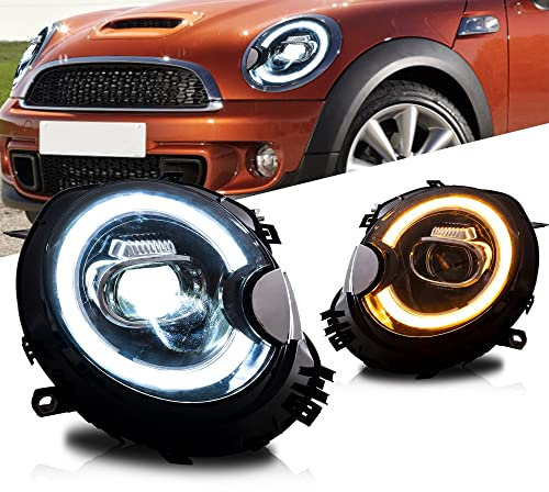 VLAND Phare Full LED pour Mini R55 R56 R57 R58 R59 2007-2013, avec Feux diurnes dynamiques & clignotants séquentiels,1 paire