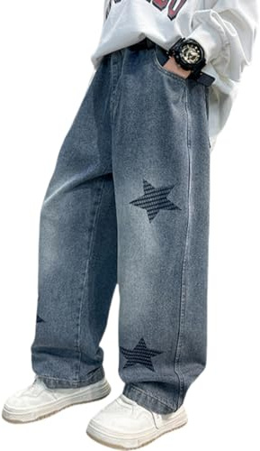 Rolanko Boys Baggy Jeans Elasticated Waist Cargo Bootleg Skater Jeans with Multipockets Vintage Streetwear Denim Pants for Kids, Light Denim Blue, 140, 8-9 Years