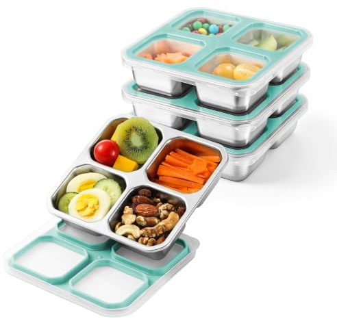 Misichao Stainless Steel Snack Box with 4 Compartments Bento Lunch Snack Containers for Kids Adults Reusable Meal Prep Containers Food Storage Containers with Transparent Lids Blue 4 Pack