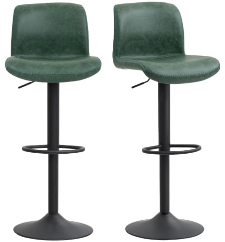 HOMCOM Bar Stools Set of 2 Height Adjustable, Backrest Footrest, Green | Barstools, PU Leather Upholstered Dining Stools, for Kitchen Counter Breakfast Bar