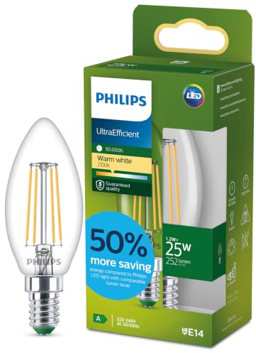 Philips LED UltraEfficient Clear B35 Kerzenlampe mit Glühfaden, E14-Kleiner-Edison-Sockel, Energieklasse A, 252 lm, entspricht 25 W, Warmweiß (2700 K), EyeComfort, 50.000 Stunden, 1 Packung