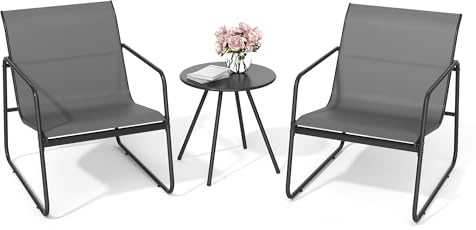 Pamapic Set Tavolo e Sedie da Giardino da 3 Pezzi, Set da Bistrò con Tavolo e 2 Sedie, Tessuto Textilene Traspirante, Salotto da Giardino Esterno, Set da Esterno, Balcone, Bistrot, Veranda, Grigio
