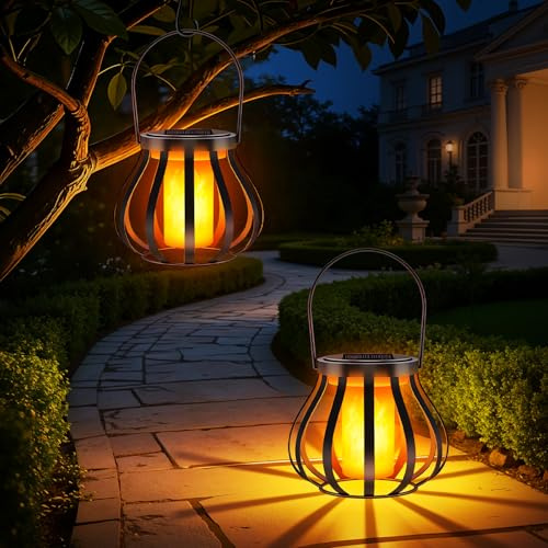 2 Stück Solarlaternen mit Echtem Flammeneffekt für Außen – IP65 Wasserfeste Solarlampen für Garten, Balkon, Terrasse und Hof mit Automatischem Dämmerungssensor, Garten Deko, Ohne Ständer und Haken