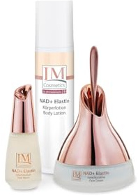 Genius IM Cosmetics NAD+ Elastin intensiv Gesichtspflege 3‑tlg. – Anti‑Aging Serum, Creme & Körperlotion – Anti Falten, straffend & glättend – für empfindliche Haut Geschenkset Dr. Michaela Fuchs