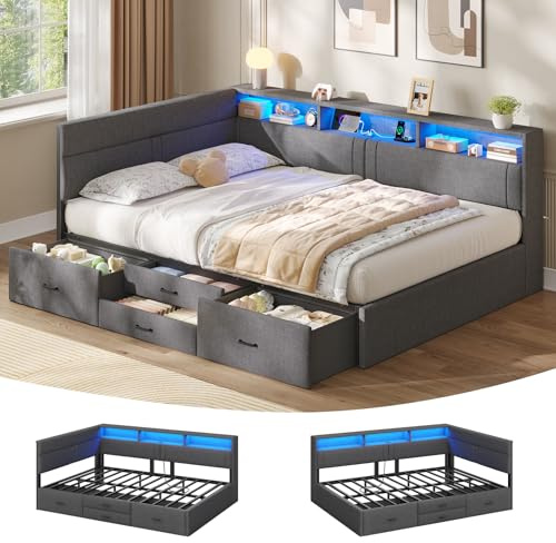 AOGLLATI Polsterbett Schlafsofa 140x200, Doppelbett mit LED-Beleuchtung & Ladestation,Betten 140x200 mit 4 Schubladen und Lattenrost aus Metall,Jugendbett Tagesbett, Leinen Dunkelgrau (ohne Matratze)