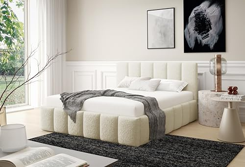 FURNISTAR Polsterbett LINO mit Bettkasten, Bett 160x200, Doppelbett mit Stauraum und Lattenrost, Boxspringbett-Optik, ohne Matratze, Schlafzimmer - Creme