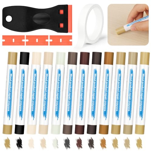 NUTKIT Hartwachs Reparaturset, 12 Farben Laminat Reparatur Set C | mit Schaber＆3 Kunststoffklingen,Parkett/Holz/Vinyl Reparaturset, Arbeitsplatte Reparatur Wachskitt für Türen Tische Schränken