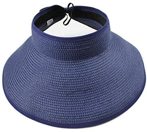 Chapeaux de plage pour femme, chapeau de paille pliable avec large bord et queue de cheval pour protection UV et voyage d'été SM01, bleu marine, Taille unique