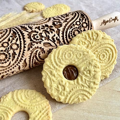 Nudelholz PAISLEY für hausgemachtes Gebäck. Teigroller mit Blumen. Gravierte Nudelholz. Länge 38cm. Gravierte Nudelholz mit Muster von Algis Crafts