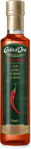 Costa d'Oro - Olio aromatizzato al peperoncino, 250 ml. Olio Extravergine di oliva estratto a freddo, ideale a crudo sulla pizza. Bottiglia da 25 cl.