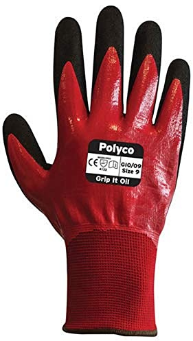 Polyco GIO/09 Grip It Oil Seamless Nylon Glove with Dual Nitrile Coating, Size 9