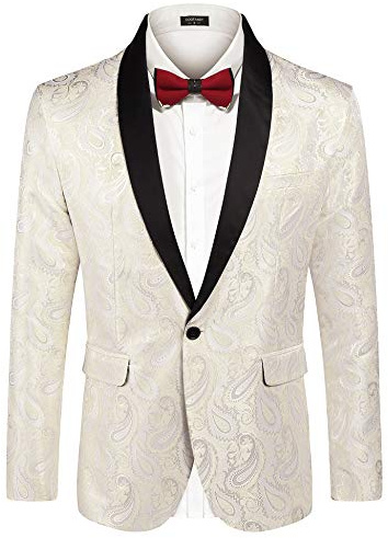 COOFANDY Florale Smokingjacke mit Paisleymuster, Schal, Revers, Anzug, Blazer, Jacke für Abendessen, Abschlussball, Hochzeit, Beige, L