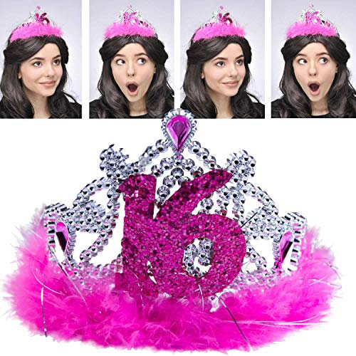 Neu 2019: Tiara * Sweet 16 * mit rosa Federn | Haarreif zum 16. Geburtstag für Mädchen | Silber Pink Girl Verkleidung