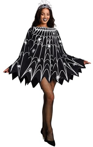 Spooktacular Creations Spinnennetz-Kleid, Poncho-Kostüme mit Glitzer und Krone für Damen, Halloween-Party (XL)