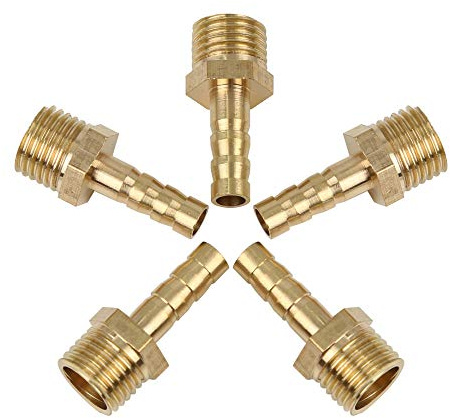 X AUTOHAUX Raccord Cannelé 6mm ID 1/4 NPT Mâle 5pcs pour Voiture | Couleur Ton Or, Taille 14.5x13x31mm, Filetage 1/4 NPT, Diamètre Barb 6.5mm, -40°F À 160°F, Pour Moto Camion