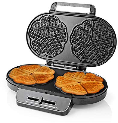Ex-Pro Waffle Maker Iron, Double Heart Shape Waffle Machine with Non Stick Plates & Adjustable Temperature Control, 1200W - Black/Silver