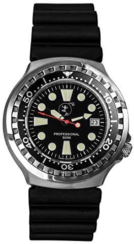 BOMBFROG PRO500 Edelstahl Superluminova Herren Taucheruhr mit Neopren-Armband im eleganten Militärlook - gebürstetes Edelstahlgehäuse mit entspiegeltem Saphirglas, Taucheruhren Herren Quarzuhr