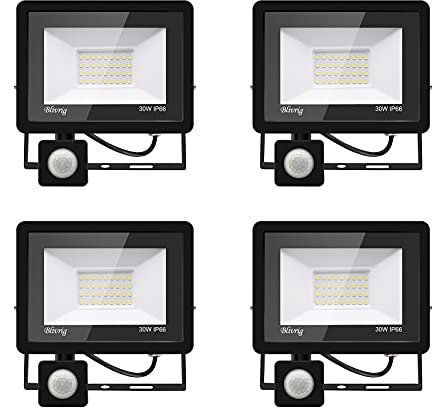 Blivrig LED Strahler mit Bewegungsmelder Außen 30W Kaltweiss, Fluter mit Bewegungssensor, Superhell 3000LM Aussenstrahler, IP66 Wasserdicht Scheinwerfer, für Garten,Garage (4pcs-Kaltes Weiß, 30W)
