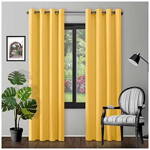 Luxury Blackout Eyelet Ring Top Curtains Pair | Fully Lined Thermal Insulated Drapes - 90X90 Inch, Ochre | Elegant Room Darkening Window Treatment For Bedrooms, Living Rooms, And Patio Doors