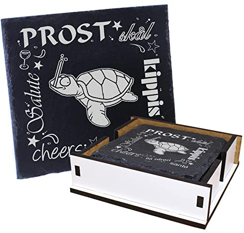 5 x slate coasters, cheers turtle with snorkel, including wooden box and bottle coasters, decorative glass coasters, cup coasters