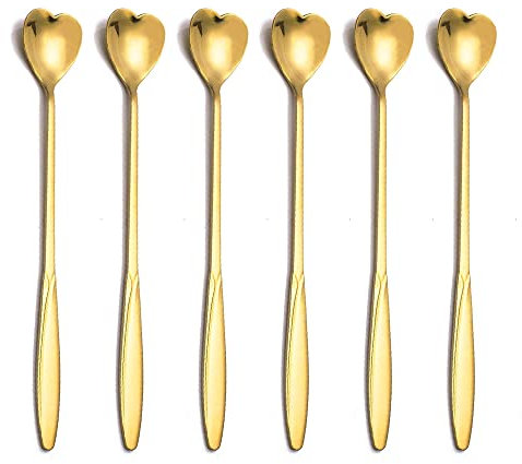 6 PCS Coffee Spoons Heart Long Spoons Stainless Steel Latte Macchiato Spoon for Stirring Coffee Tea Dessert Milkshake Hot & Cold Drinks Tableware