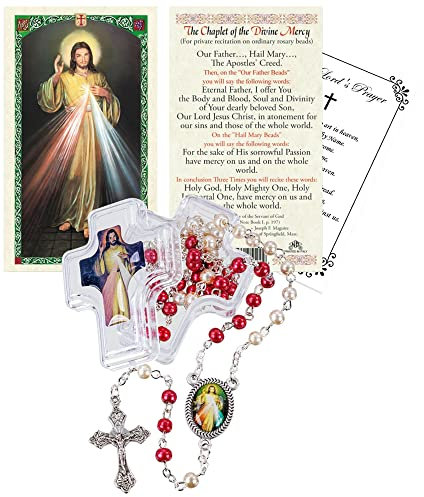 Göttliche Barmherzigkeit Chaplet – Gebetskarte, göttliche Barmherzigkeit Rosenkranz mit Mittelstück, rote und weiße Perlen, Gebetskarte des Herrn,katholisches Set mit 4 Stück
