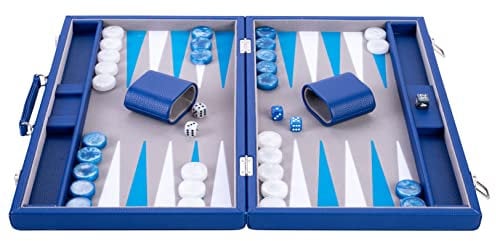 Engelhart - 250526 - Grand Backgammon 18 Pouces de Luxe (45,5 cm) - Bleu - Feutre Haute Qualité - Dés et Pions Nacrés - Valise Mousse et Simili Cuir - Jeu de Backgammon - 2 joueurs - A partir de 6 ans