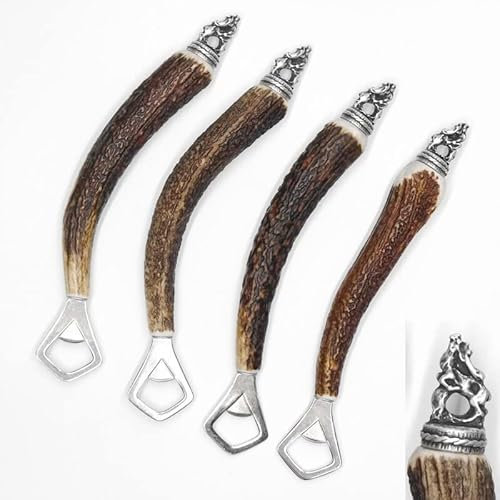 GTK - Geweihe & Trophäen KRUMHOLZ 1 Stück Flaschenöffner mit Hirsch Geweih Stange Hirschhorn Griff mit Endkappe Verzierung Hirsch stehend