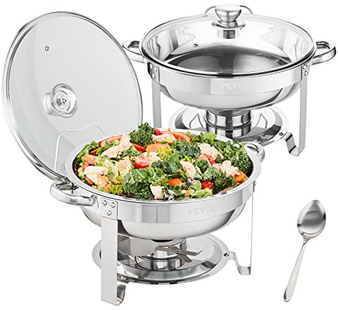 VEVOR Juego de Platos de Frotamiento Redondos 2 x 3,5 L Calentador de Bufé de Acero Inoxidable de Grado Alimenticio Calentador de Alimentos para Mantener Caliente para Bufé Hotel Catering Restaurante