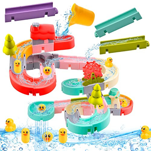 Vibbang 62 Stück Badespielzeug, DIY Badewannenspielzeug, Kinder Wasserspielzeug Dusche, mit Kugelbahn Wassermühle Kleine Gelbe Ente Saugnäpfe, Wasserspielzeug Kinder Badespaß, für Kleinkinder Babys
