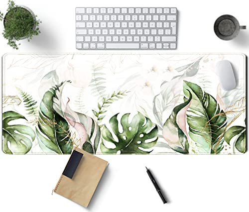 TENG DA QING Green Tropical Leaves Desk Mat XL Large Gaming Mouse Pad Sage Plant Laptop Keyboard Office Supplies Decor Accessories for Women, Mats Pads on top of Desks, 31.5x11.8x0.12 in, XCD-77