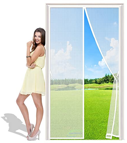 Snap Screen Magnetised Mesh Door Curtain 80x240 cm with Full Frame Hook & Loop, Bugs Out, Fresh Air in - White H