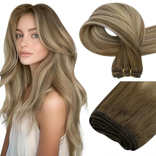 Easyouth Haartressen Echthaar Zum Einnähen Ombre Blond Echthaar Extensions Tressen Dunkleres Braun Balayage Aschbraun Mittelblond Sew in Weft Extensions Human Hair Doppelt Tressen 35cm 70g #3/8/22