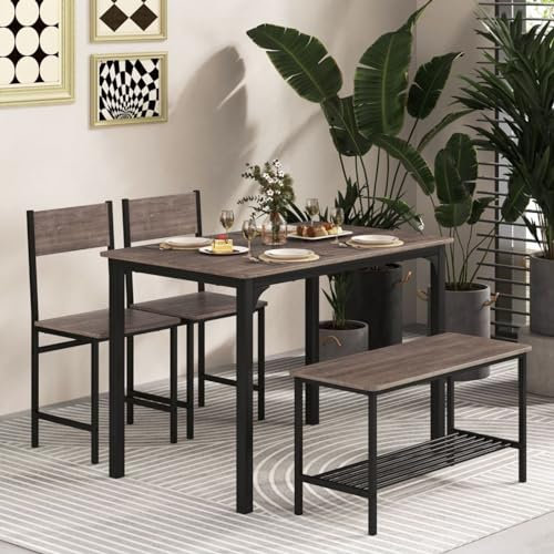 GiantexUK Dining Table and 2 Chairs with Bench, 4PCS Wooden Dining Room Set with Storage Rack, Space Saving 4-Seater Kitchen Table Set Furniture for Home Dining Living Room (Grey)