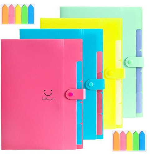 Sporgo 4 Stück Fächermappe A4: Mappe Mit 5 Fächern, Erweiterbar Dokumentenmappe A4 mit Etiketten, Grosse Kapazität Ordnungsmappe Mappen Document Organizer für Zuhause, Büro, Schule