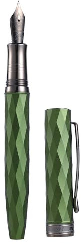Hongdian N11 Fountain Pen, Titanium-Coated Black Extra Fine Soft Nib, Grass Green & Lozenge Geometric Design with Metal Case Set