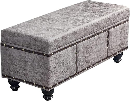 BOKNI Retro-Sitzbank aus Leder, rechteckiger Aufbewahrungshocker aus Holz, Betthocker mit gepolstertem Sitz, Wickelhocker für Flur, Wohnzimmer, Schlafzimmer, Hellgrau, 60 x 40 x 45 cm (24 x