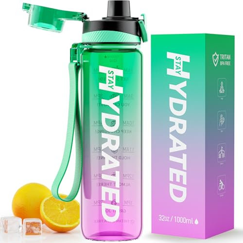 Mevoly Trinkflasche, 1L Wasserflasche Auslaufsicher BPA-Frei aus Tritan, 1 Liter Trinkflasche Sport mit Zeitmarkierung und Abnehmbare Schnürung, Flasche für Fitnessstudio, Oudoor, Gym, Schule