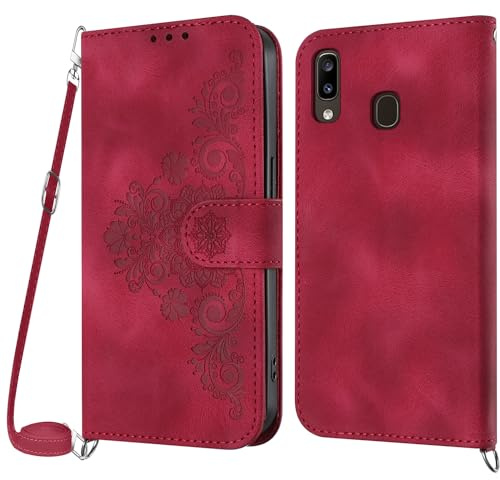 NETANY Handykette Hülle für Samsung Galaxy A30/A20, Handyhülle für Samsung A30/A20 Hülle mit Kette Klappbar, PU Leder Necklace Klapphülle und Umhängeband Lanyard Flip Schutzhülle mit Band (Rot)