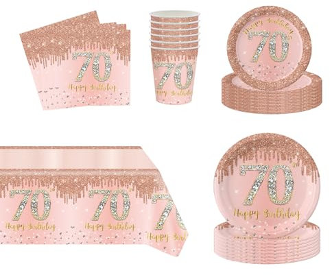 69Pcs Rose Gold 70th Birthday Party Tableware,Pink 70th Birthday Tableware Set with 32P Paper Plates,20P Napkins,1P 70th Table Cloth,16P Paper Cups for Women Her Birthday Party Table Decoration