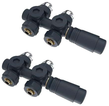 Heilmetz Vanne thermostatique 2 pièces,vanne universelle avec thermostat pour radiateurs et seche serviette,10 bar,7 niveaux réglables, Kit de raccordement central(Anthracite)