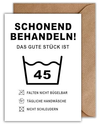WBdesignz Lustige Geburtstagskarte mit Umschlag - Schonend Behandeln! 45. Geburtstag Geschenkkarte Happy Birthday - 45ter Geburtstag Witzige Wäsche Karte (DIN A6)