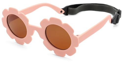 LOJUDI Baby Sunglasses Polarised with Strap Cute Flower UV400 Protection for Newborn Infant Girls Boys 0-24 Months-Pink/Brown