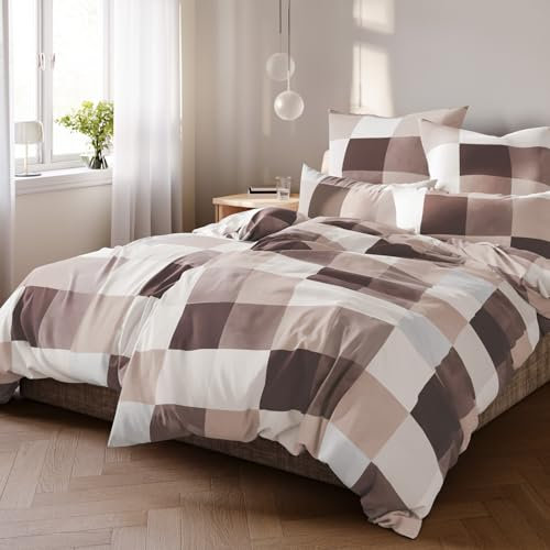 Pure Label Karierte Bettwäsche 155x220 cm mit einem Kissenbezug 80x80 cm - Traumhaft weiches Bettwäsche-Sets 155 x 220 cm in braun aus 100% Baumwolle mit YKK Reißverschluss