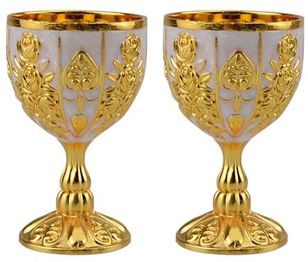 2 bicchieri vintage dorati, in oro antico, stile vintage, calice medievale, in metallo, per cucina, casa, bar, feste, matrimoni (oro bianco)