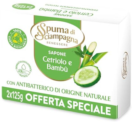 Spuma di Sciampagna - Seife mit Gurken- und Bambusduft, desinfizierend und antibakteriell, natürlichen Ursprungs, dermatologisch getestet - 2 Stück, 125 g