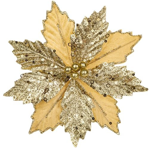Arborus 8 Stück Weihnachtsblumen Künstlicher Weihnachtsstern Glitzer Weihnachtsbaumschmuck Gold Kunstblume mit Clips Weihnachtsgestecke Blumen für Weihnachtsbaum Weihnachtskranz Weihnachten Deko